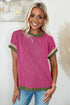 Retro Vibe Contrast Trim Corded Knit Short Sleeve Top